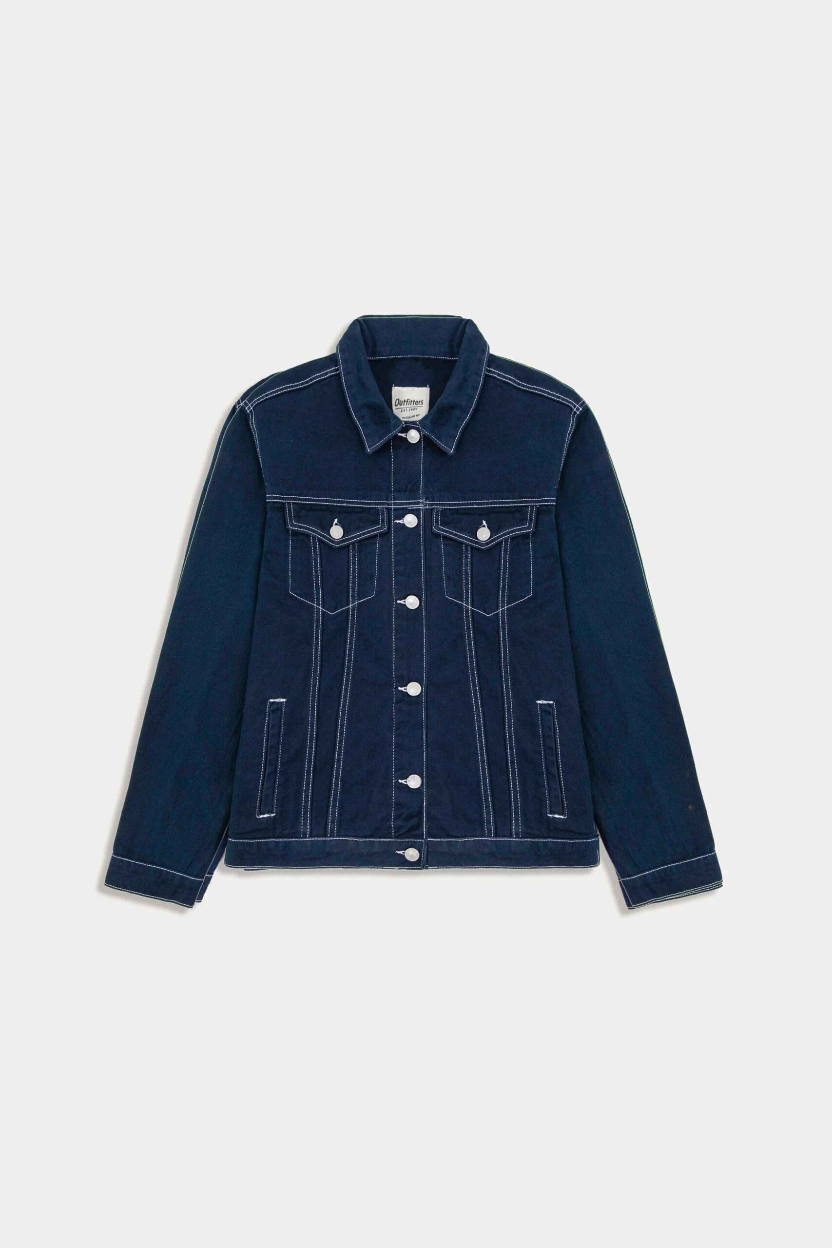 Dark Indigo Cropped Denim Jacket with Contrast Stitching